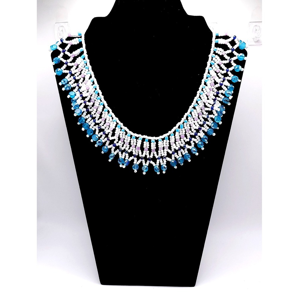 Aqua Blue Seed Bead Fringe Necklace Handmade Glass Collar Statement